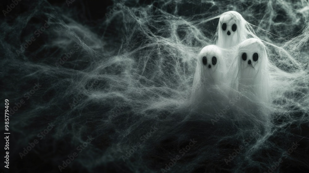 Poster spooky background with ghosts and webs on dark surface
