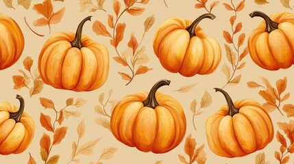 autumn harvest seamless pattern of pumpkins on orange beige background