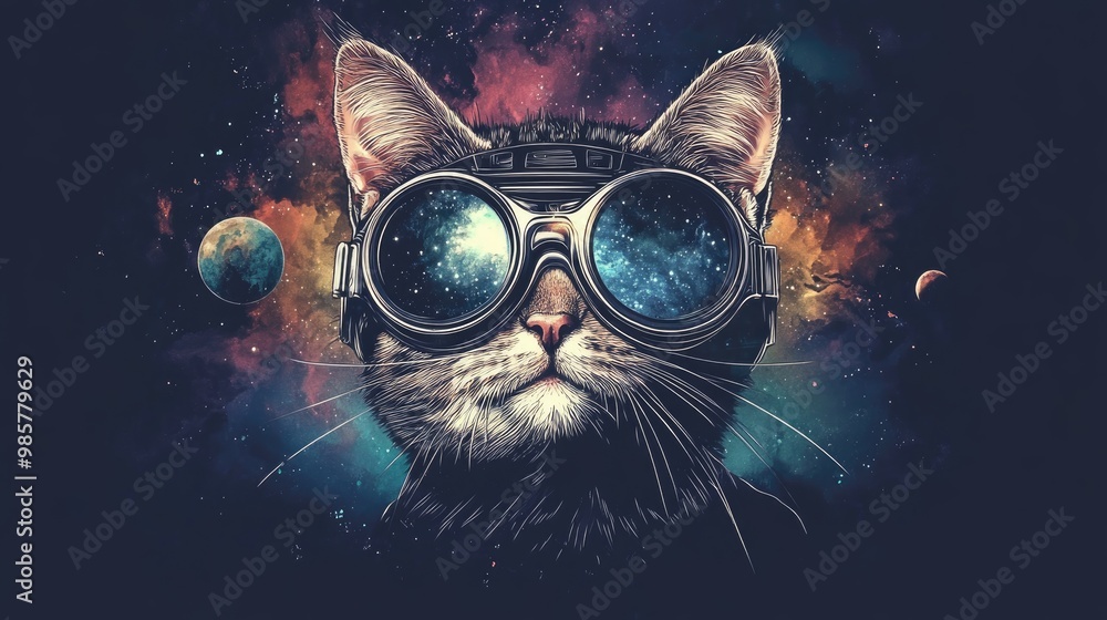 Poster cute cat pilot in goggles with space for design