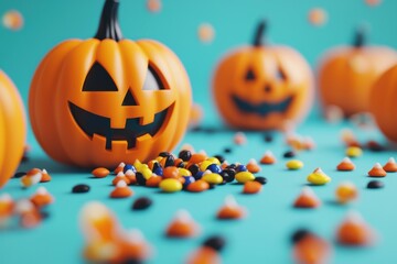 Happy jack-o'-lanterns with candy spilling out, playful Halloween setting, 3D illustration