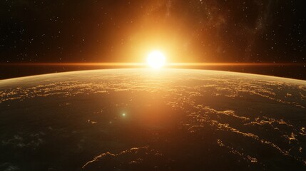 Sunrise from space with stars and the sun in a 3D cartoon rendering