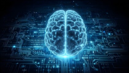 Glowing brain hologram with binary coding on blue background. Programming, machine learning and artificial intelligence concept. 3D Rendering.
