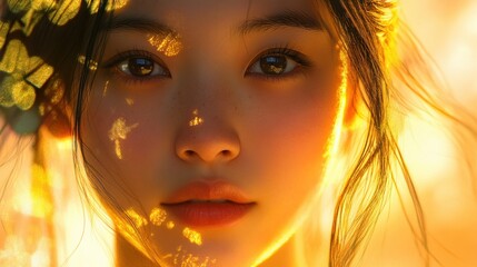 Fototapeta premium A Close-Up Portrait of a Woman's Face with Golden Light and Shadows