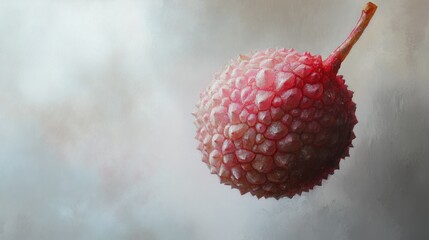 A Single Lychee Fruit with a Red Stem Against a White Background