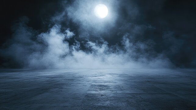 Concrete floor shrouded in smoke illuminated by moonlight in a nighttime setting
