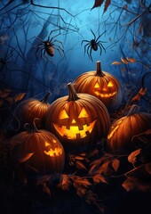 Halloween greeting card and envelope featuring pumpkins and spiders
