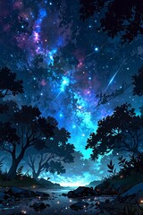 Starry night sky with trees silhouetted in the foreground.