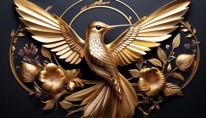 Sleek gold hummingbird with floral accents