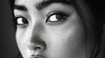 Close-up Black and White Portrait of a Woman's Eye and Nose