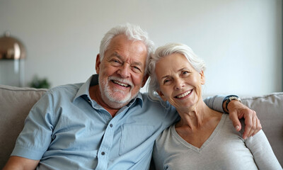 Smiling elderly couple sitting close together on the couch, capturing a joyful moment of love and companionship. Perfect for senior lifestyle and relationship topics.
