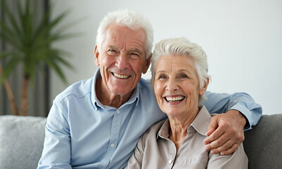Smiling elderly couple sitting close together, embracing and showing love. Warm and joyful moment capturing connection, love, and happiness. Great for senior lifestyle and relationship themes.
