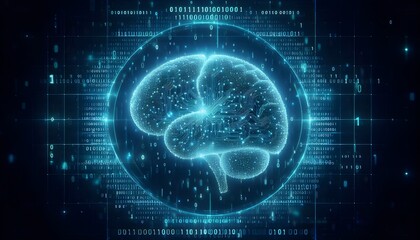 Obraz premium Glowing brain hologram with binary coding on blue background. Programming, machine learning and artificial intelligence concept. 3D Rendering.