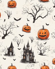 Halloween decorative motifs on light gray background featuring spooky designs for autumn celebrations