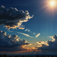 A beautiful blue heavenly sky with the sun peeking behind glowing onto a Landscape