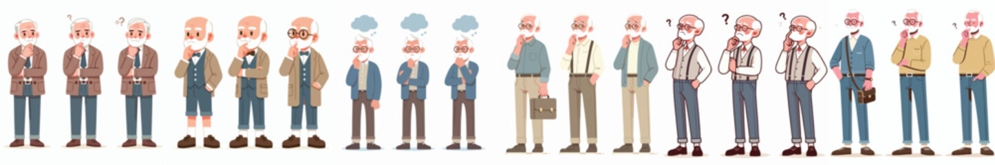 vector set of grandfather characters thinking in a simple and minimalist flat design style. plain white background