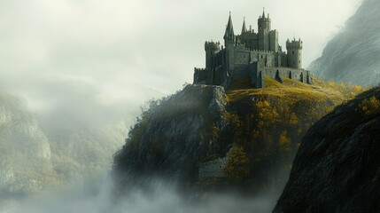 Ancient Stone Castle Perched Atop Misty Mountain Peak