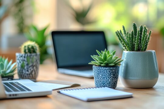 cacti, succulents, laptop, and notepad on desk symbolize personal growth, with space for text