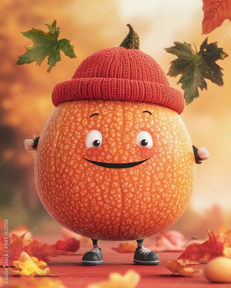 Poster playful melon character wearing a cap in autumn theme