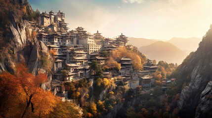 Fototapeta premium Fairytale medieval old royal castle on mountain, wasteland background at sunset, top view. AI generated.