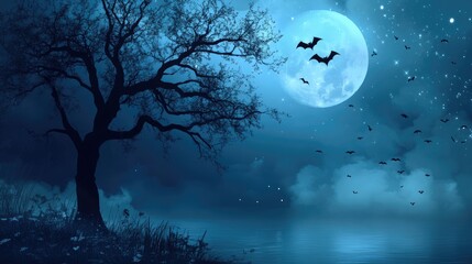 Fototapeta premium spooky night background with moon tree and bat elements