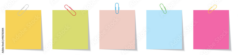 Wall mural colorful paper clip with blank sticky notes set isolated on transparent. post it notes set with pape