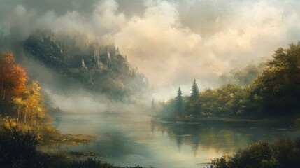 Fototapeta premium Misty Forest Lake with Distant Mountain Range