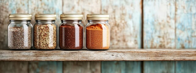 An old spice cabinet filled with vintage jars of spices.