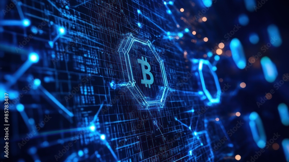 Poster Bitcoin Symbol Embedded in a Blue Network of Lines and Glowing Points