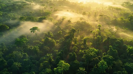 Aerial View of Misty Tropical Forest at Sunrise with Vibrant Greenery and Copal Trees