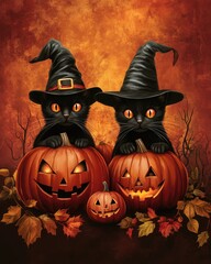 Fototapeta premium Halloween party design featuring pumpkins cat masks and festive elements suitable for invitations and holiday backgrounds