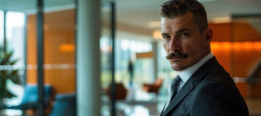 Obraz premium Stylish Man with Sleek Mustache in Modern Suit and Tie in Contemporary Office Setting