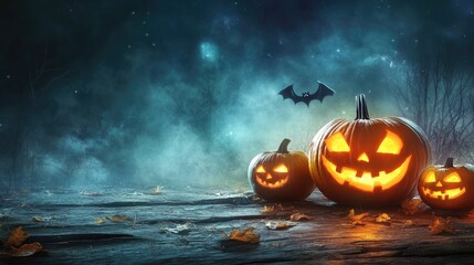 Naklejka premium spooky Halloween backdrop with pumpkins at night