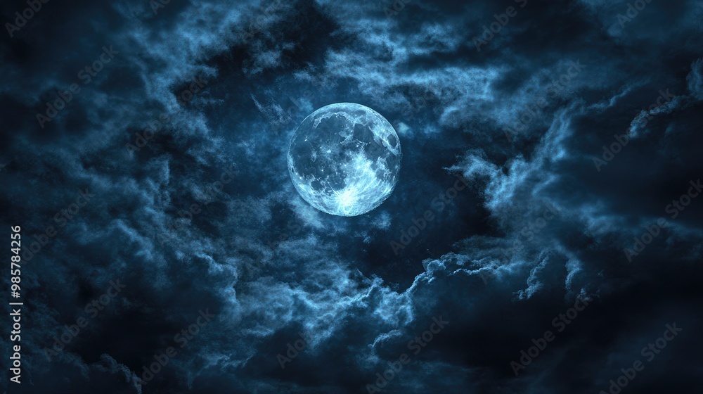 Wall mural spooky night sky background with full moon and clouds