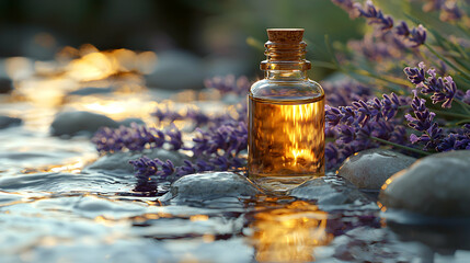 A luxurious bath oil bottle set against a backdrop of smooth river stones and lavender sprigs,...