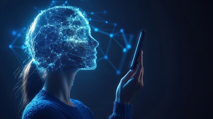 Woman with a Digitalized Face Using a Smartphone