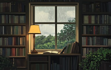 A cozy reading nook with a view of rain-soaked greenery outside a window, illuminated by a warm lamp.