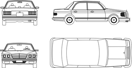 Vector sketch illustration of the silhouette of a detailed car transportation design seen from various directions