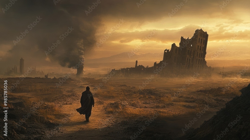 Poster Solitary Figure Walking Through a Post-Apocalyptic Landscape