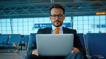 Global Entrepreneur in Airport Lounge Reviewing Market Data on Laptop - International Business Trip Concept with Copy Space