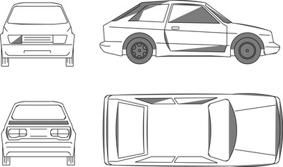 Vector sketch illustration of the silhouette of a detailed car transportation design seen from various directions