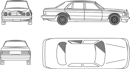 Vector sketch illustration of the silhouette of a detailed car transportation design seen from various directions 