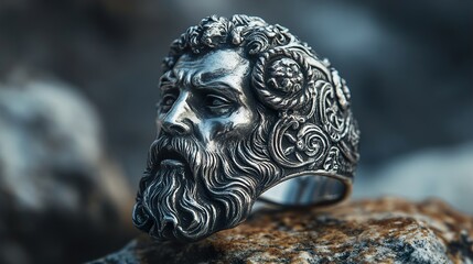 Intricate Silver Ring with Detailed Sculpture of a Mythical God