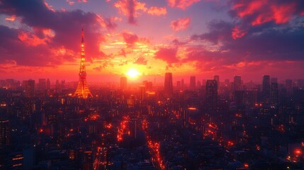 Stunning Urban Cityscape Showcasing Tokyo's Iconic Skyline at Dusk