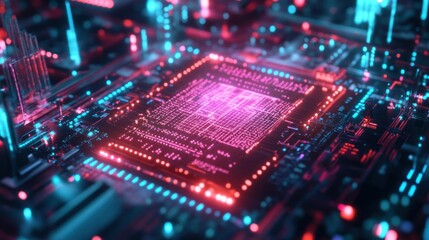 Obraz premium A Close-Up View of a Neon-Lit Circuit Board with a Central Processing Unit