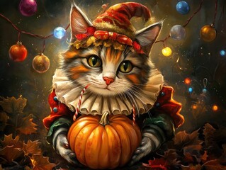 clown cat with pumpkin in festive background