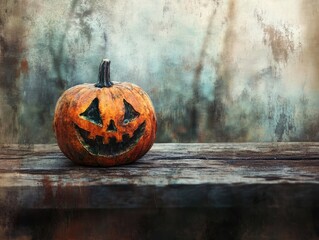 Halloween pumpkin on rustic wood in forest