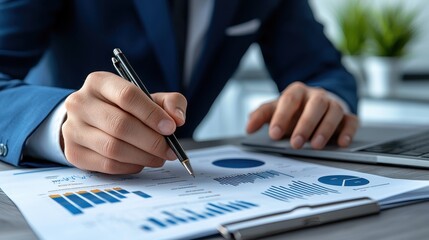 Strategic Business Analyst Analyzing Global Market Trends with Charts and Graphs, Copy Space for Text