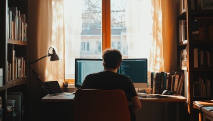 Fototapeta premium A freelance worker sits in his home office, staring at his computer screen with a look of concentration.