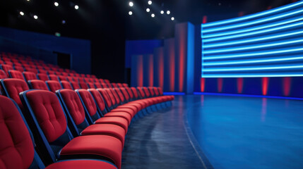 Naklejka premium Empty game show studio with red seats and blue lighting A game show studio with rows of red seats and vibrant blue lighting on the stage, ready for an audience in a modern entertainment setting