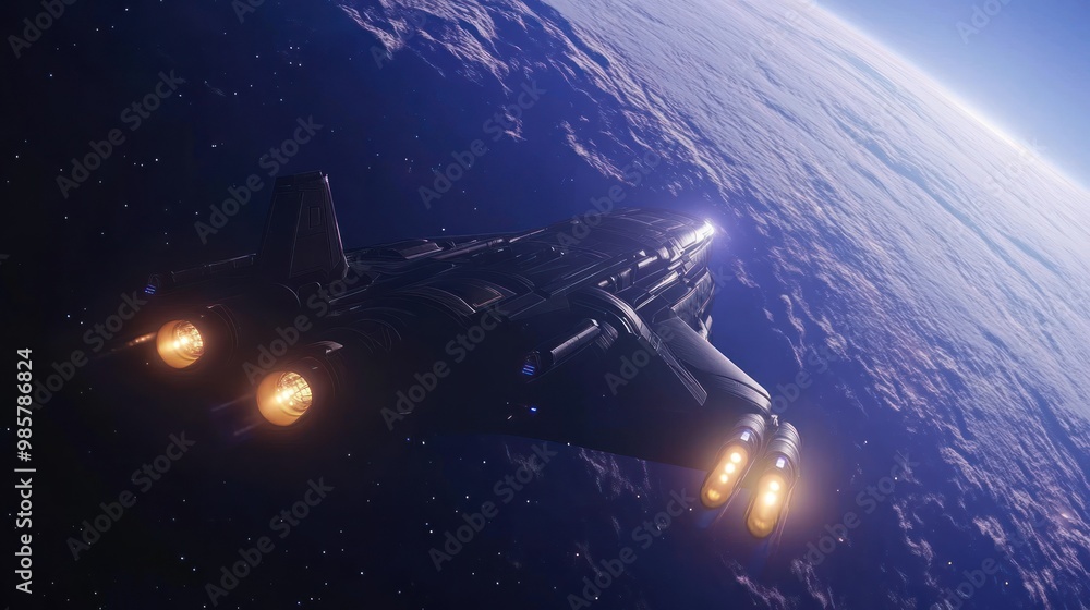 Poster a futuristic spaceship soaring over a planet's cloud layer